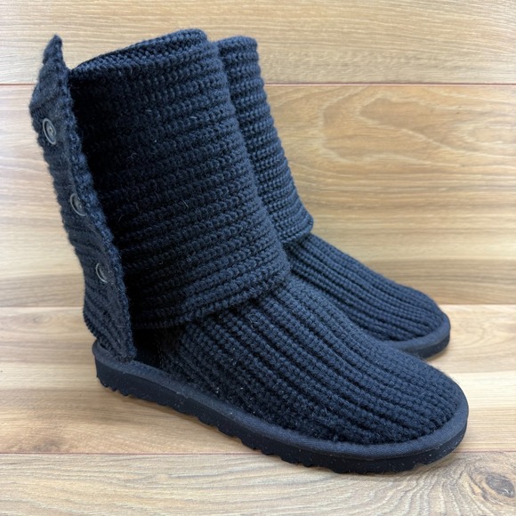 UGG Classic Cardy Boots Womens 6 Black Sweater Knit Pull On Boots Button - Picture 2 of 11